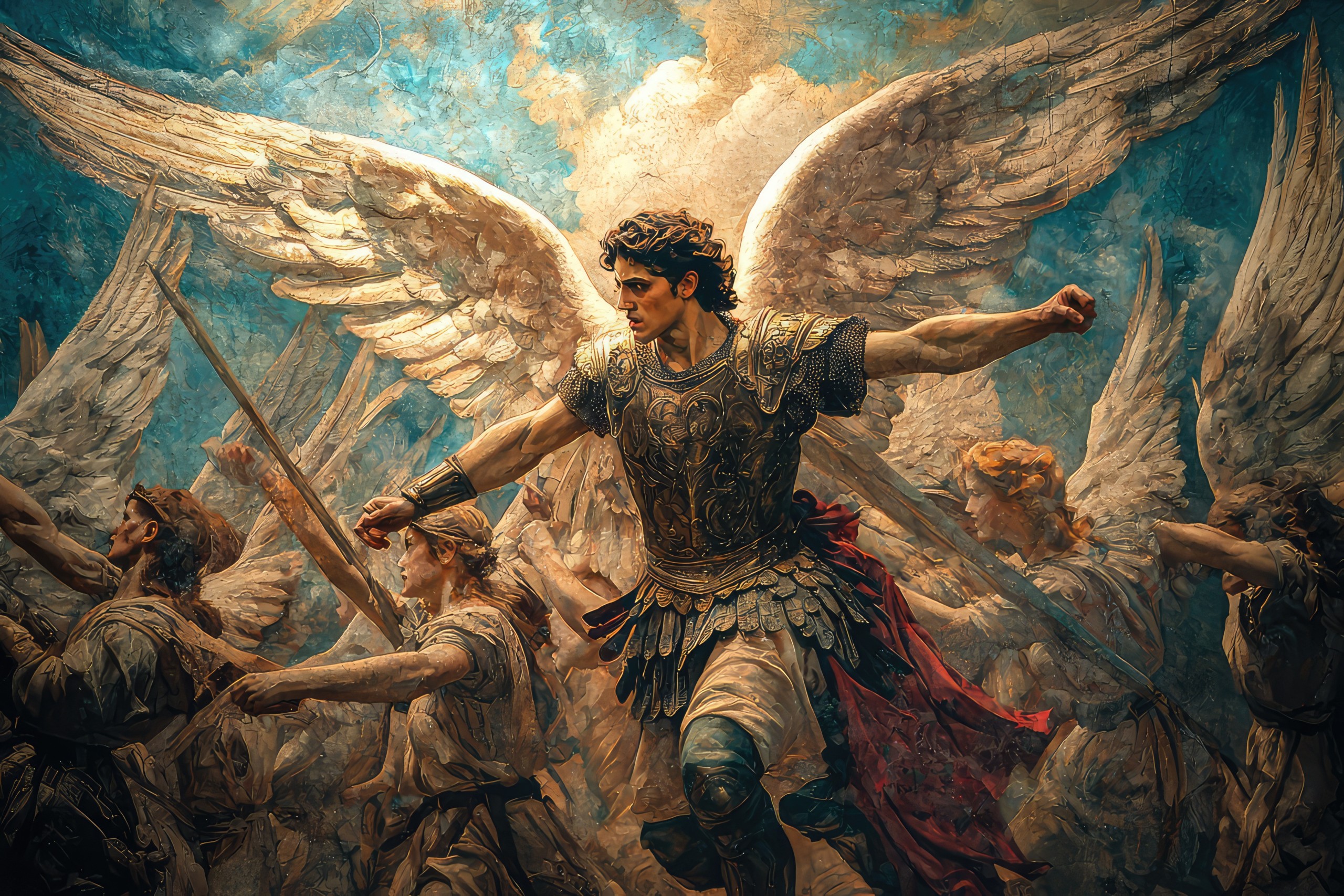 An artistic representation of Archangel Michael leading heavenly army, showcasing strength and valor
