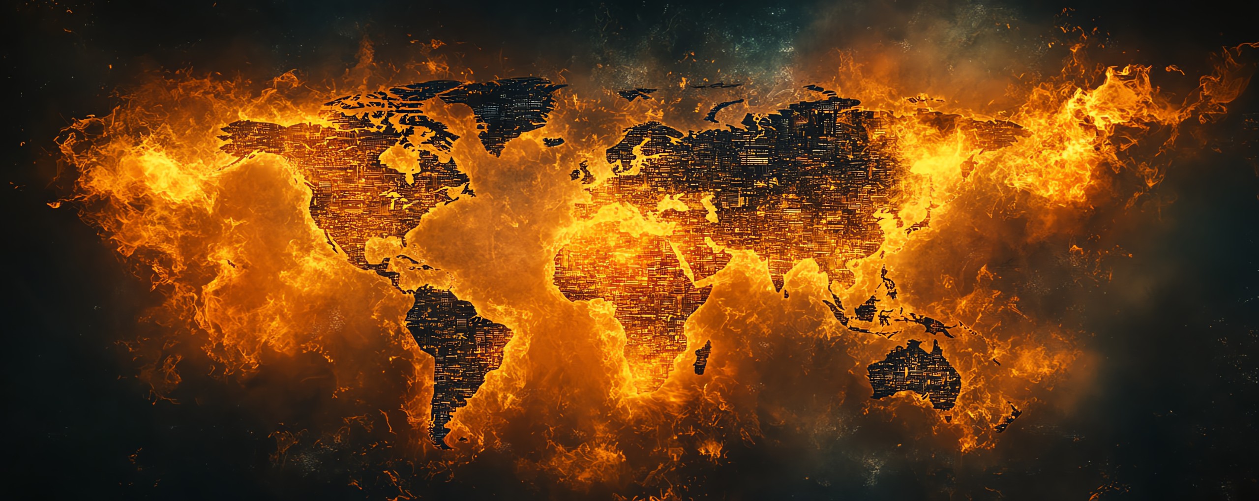 Global map with cities erupting in flames, illustrating hyperinflation and economic collapse, powerful symbolism of inflations global effect, raw style