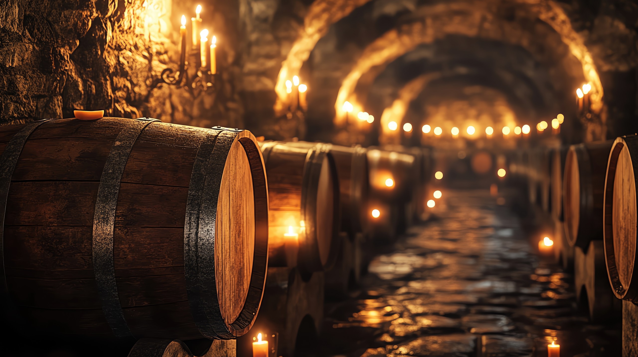 Atmospheric wine cellar with wooden barrels and soft candlelight illuminating stone walls, creating a warm and inviting ambiance.