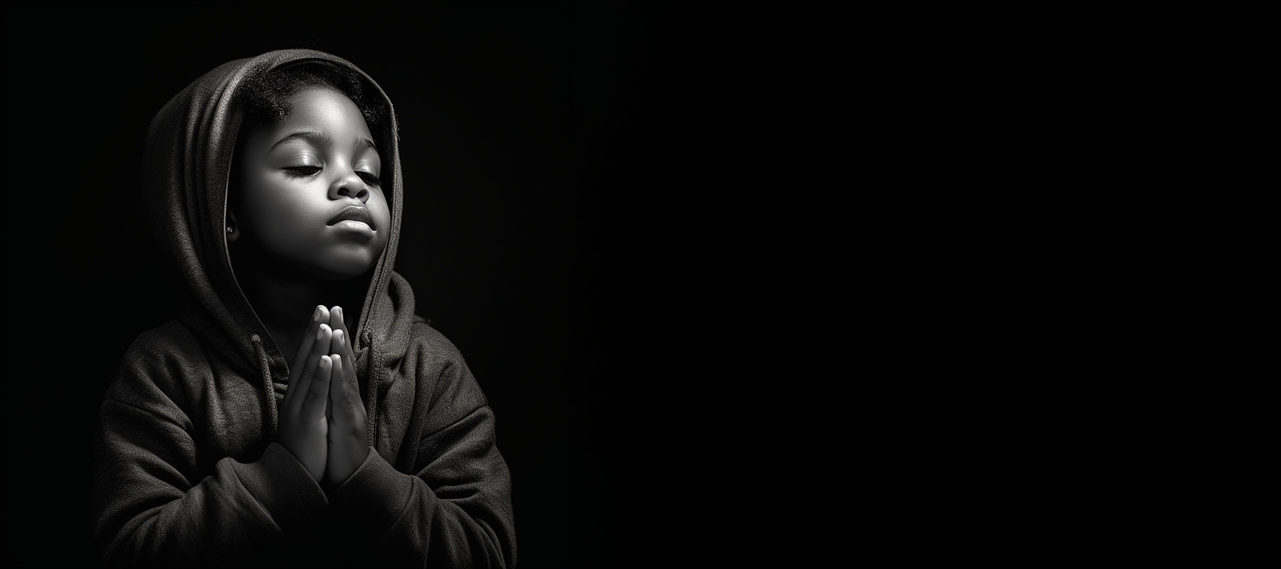 Black and white studio portrait of a young child praying banner on black background