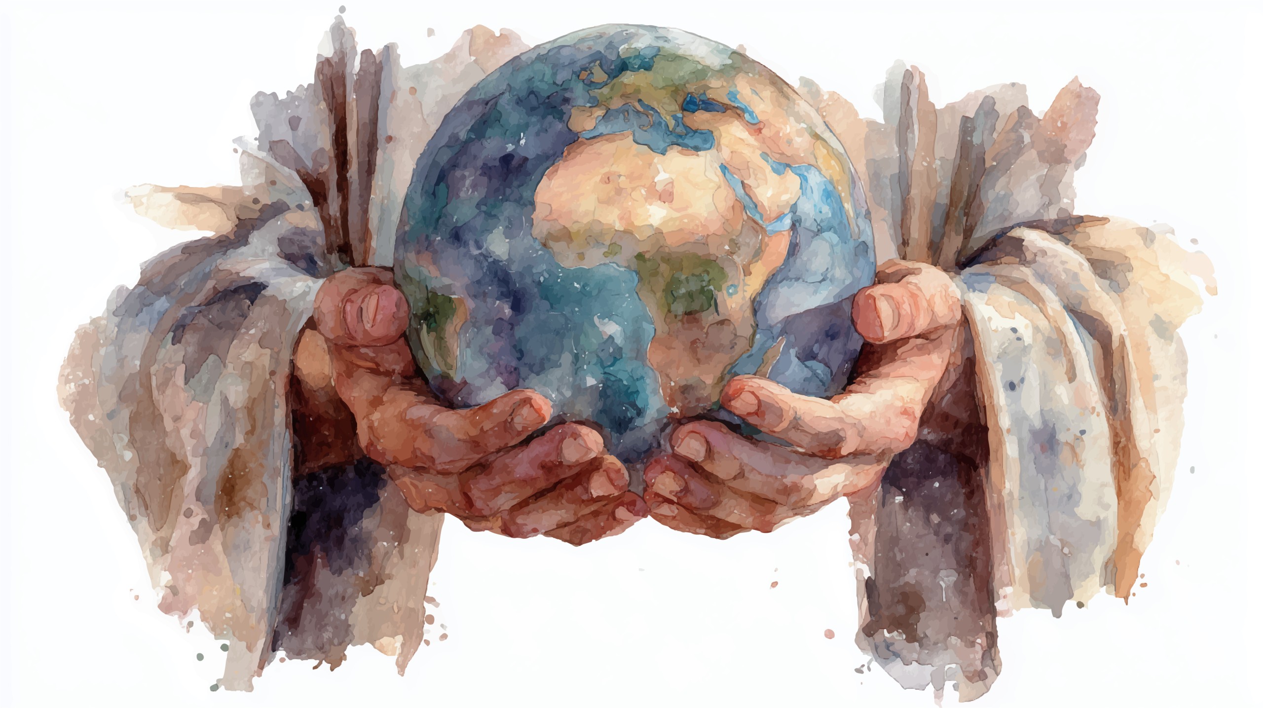 Vector illustration, Jesus’ hands hold the world. Two hands gently hold the planet. Watercolor